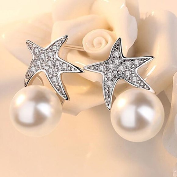 Jewelry - 925 Sterling Silver Starfish Pearl Crystal Zircon Earrings for Woman, K250